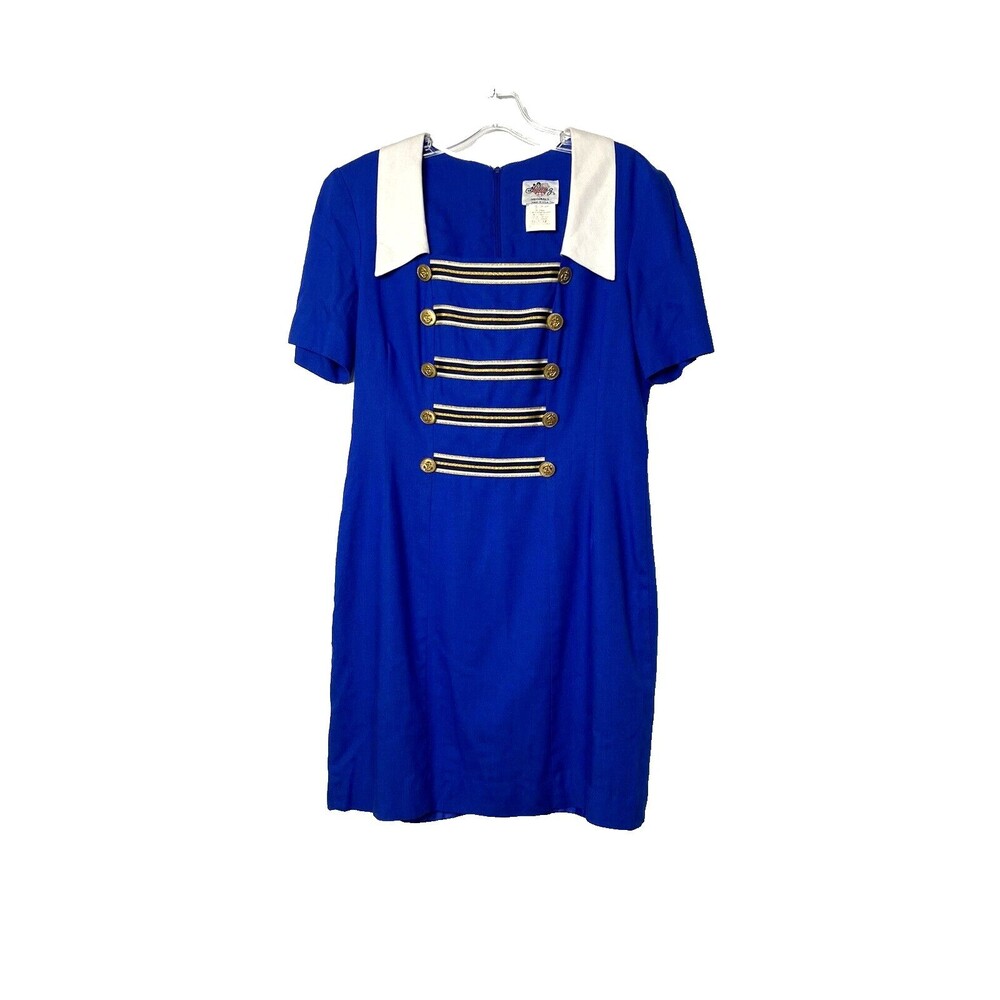 Lanz Original VTG Dress Sailor Blue Size 12 Gold Buttons Linen Blend 90s Party
